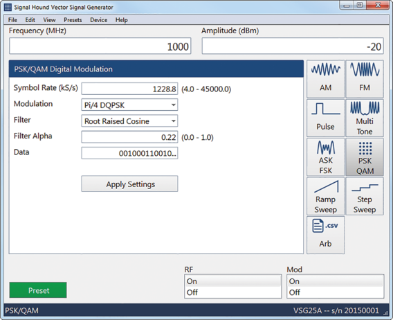 Screenshot of Signal Hound's Vector Signal Generator Application