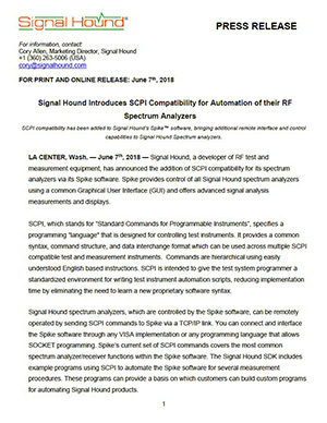 screenshot of SCPI functionality press release from Signal Hound