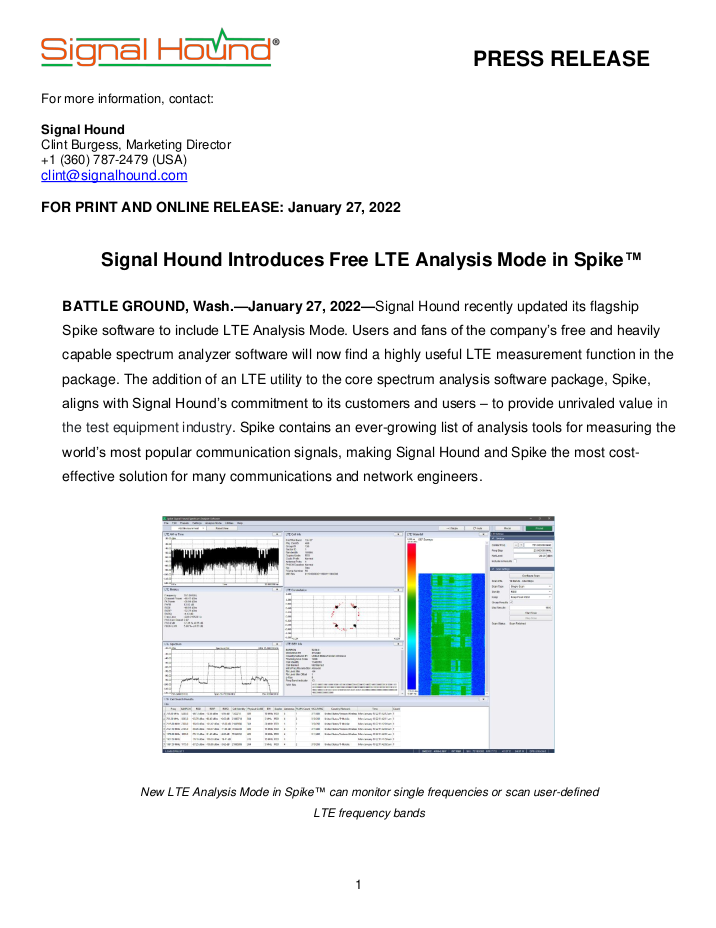 cover of press release announcing lte analysis in spike
